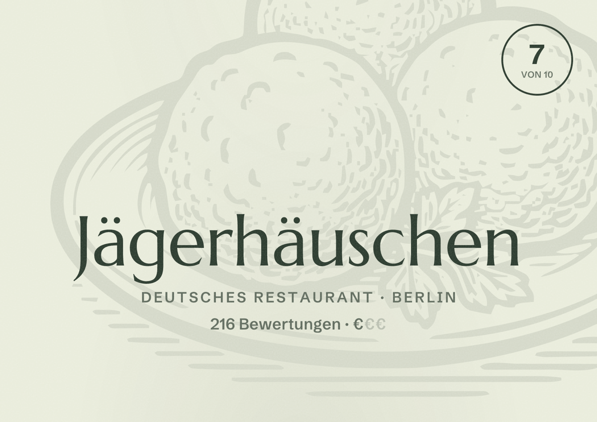 Illustriertes Poster von Jägerhäuschen, Deutsches Restaurant in Berlin: Bewertung 7,0 von 10 aus 216 Bewertungen, Preisniveau €