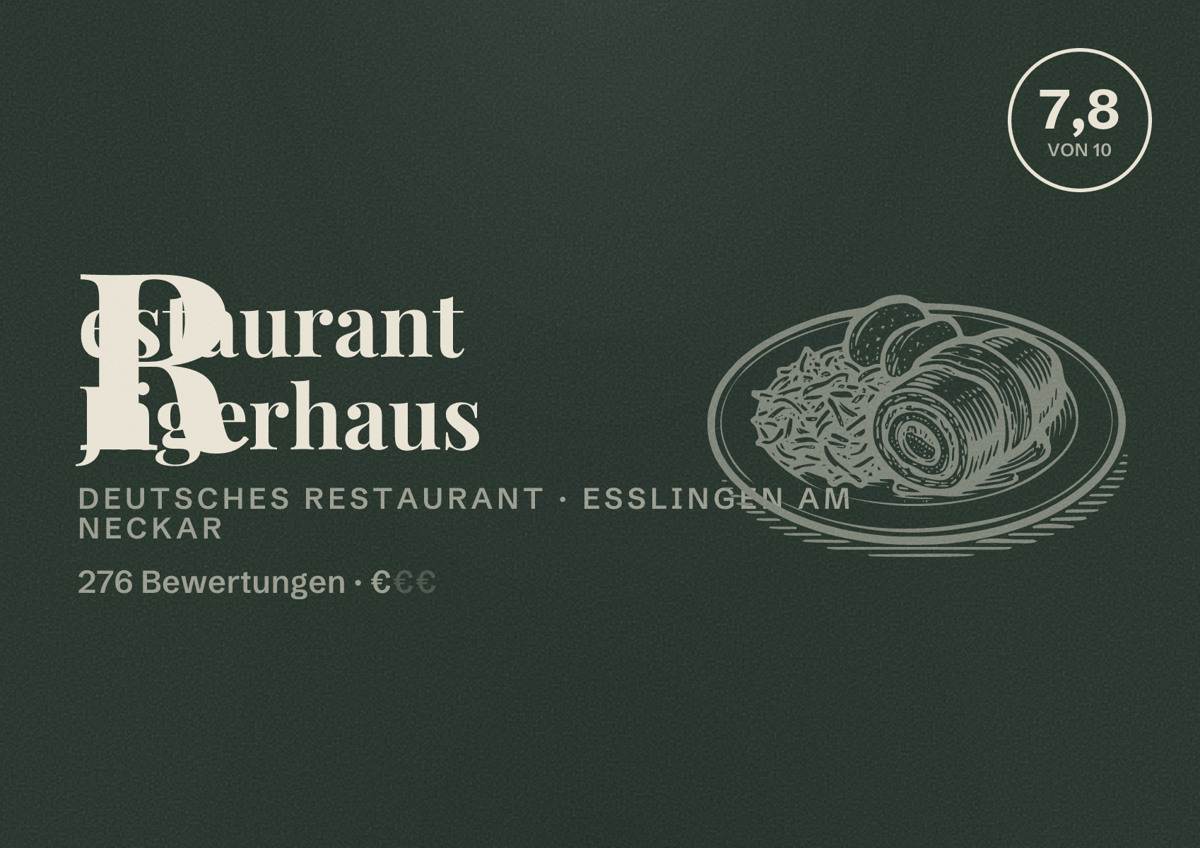Illustriertes Poster von Restaurant Jägerhaus, Deutsches Restaurant in Esslingen am Neckar: Bewertung 7,8 von 10 aus 276 Bewertungen, Preisniveau €