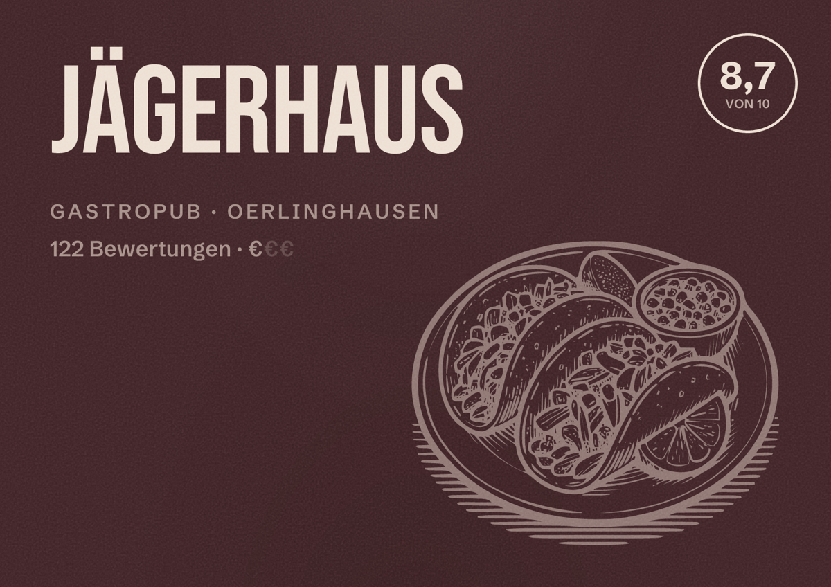 Illustriertes Poster von Jägerhaus, Gastropub in Oerlinghausen: Bewertung 8,7 von 10 aus 122 Bewertungen, Preisniveau €