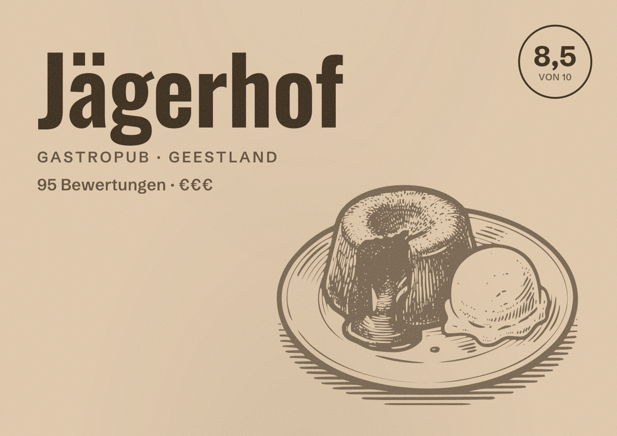 Illustriertes Poster von Jägerhof, Gastropub in Geestland: Bewertung 8,5 von 10 aus 95 Bewertungen, Preisniveau €€€