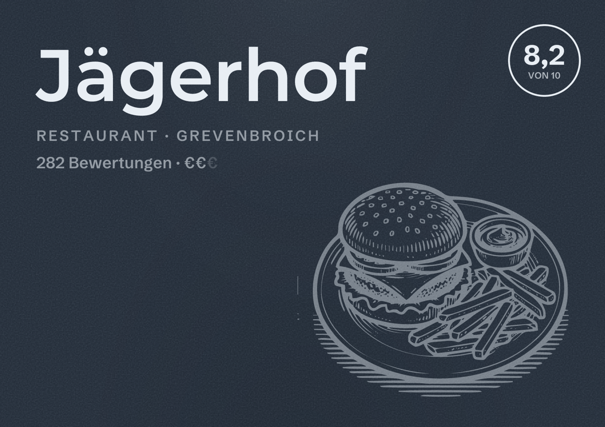 Illustriertes Poster von Jägerhof, Restaurant in Grevenbroich: Bewertung 8,2 von 10 aus 282 Bewertungen, Preisniveau €€
