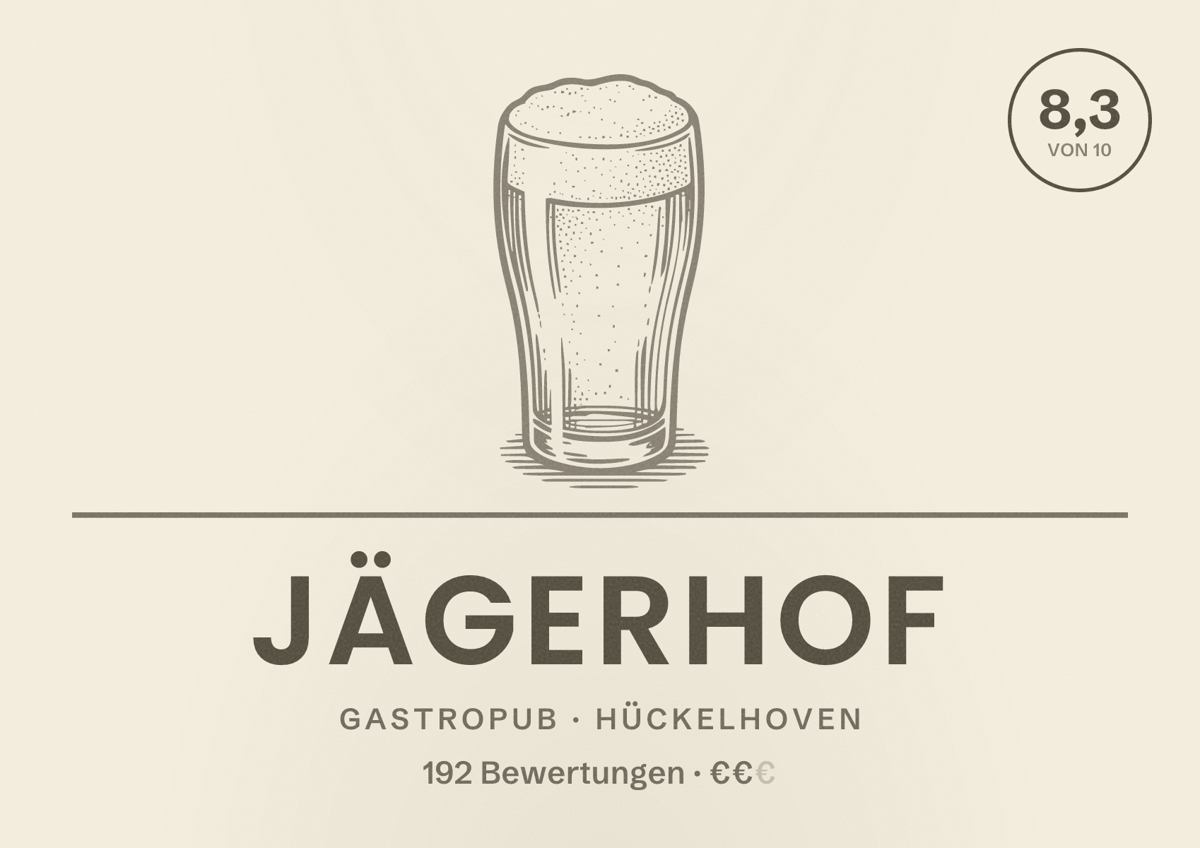 Illustriertes Poster von Jägerhof, Gastropub in Hückelhoven: Bewertung 8,3 von 10 aus 192 Bewertungen, Preisniveau €€