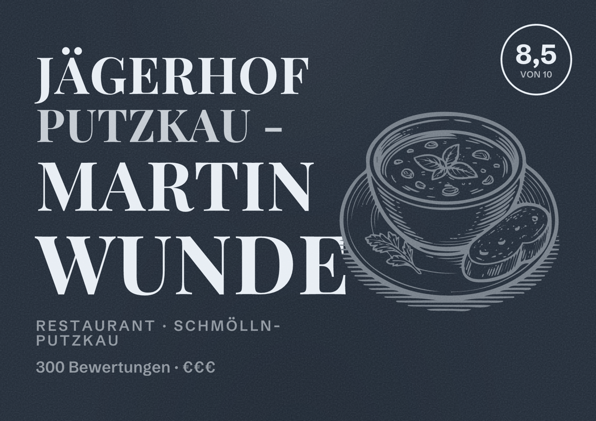 Illustriertes Poster von Jägerhof Putzkau - Martin Wunde, Restaurant in Schmölln-Putzkau: Bewertung 8,5 von 10 aus 300 Bewertungen, Preisniveau €€€
