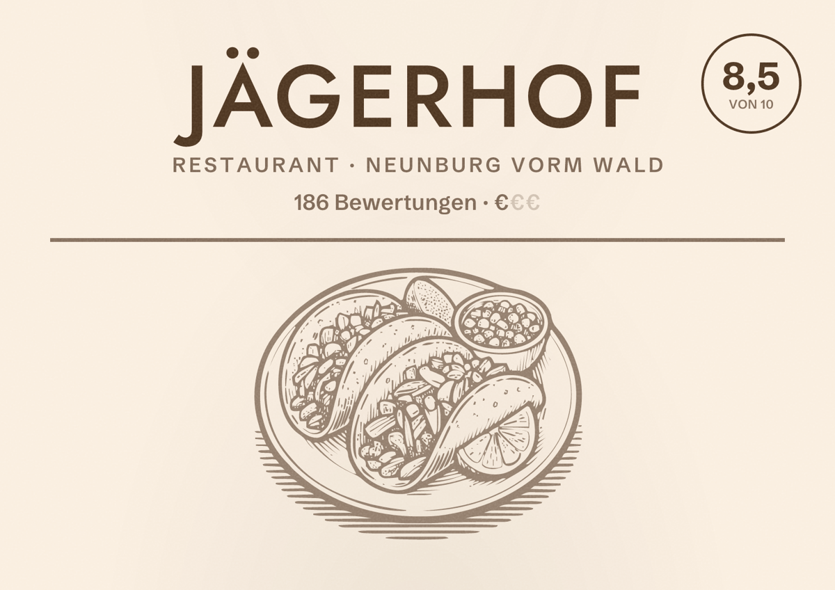 Illustriertes Poster von Jägerhof, Restaurant in Neunburg vorm Wald: Bewertung 8,5 von 10 aus 186 Bewertungen, Preisniveau €