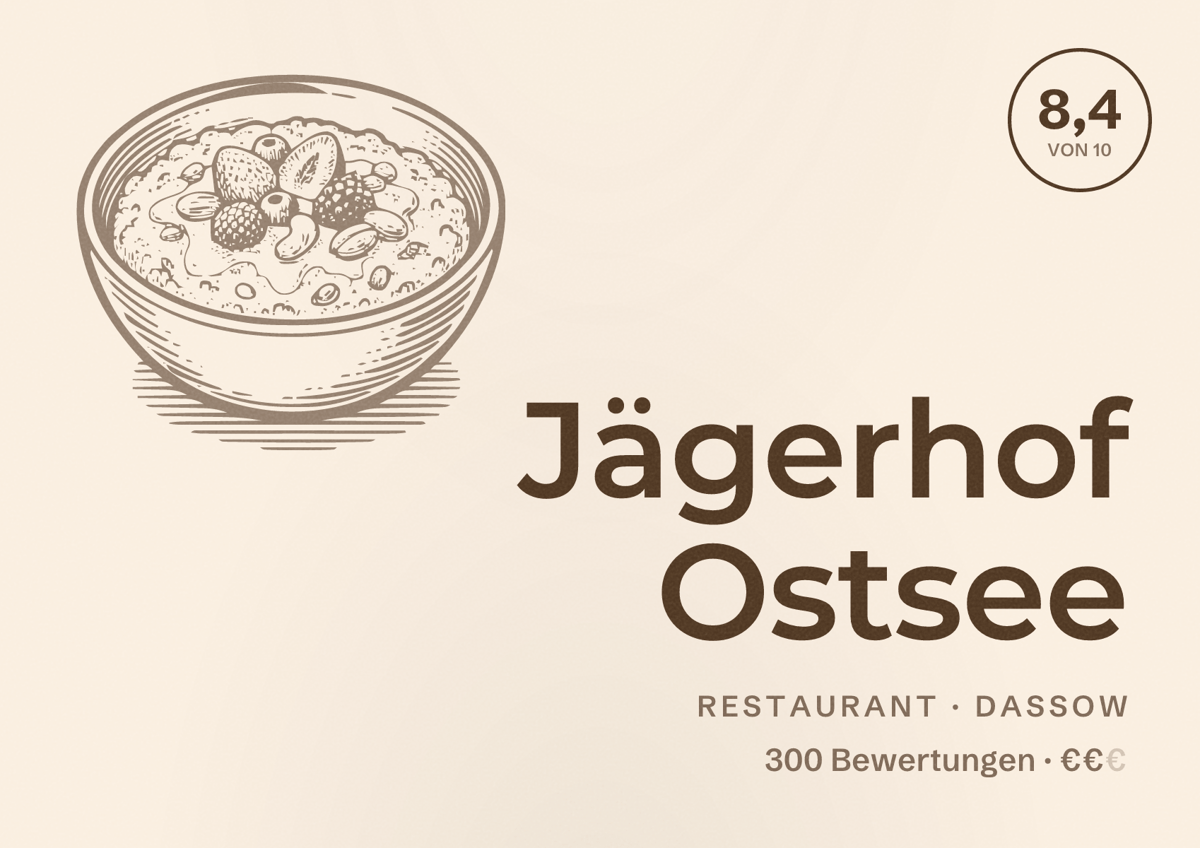 Illustriertes Poster von Jägerhof Ostsee, Restaurant in Dassow: Bewertung 8,4 von 10 aus 300 Bewertungen, Preisniveau €€