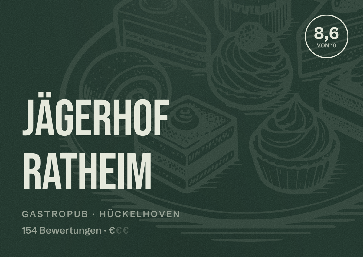 Illustriertes Poster von Jägerhof Ratheim, Gastropub in Hückelhoven: Bewertung 8,6 von 10 aus 154 Bewertungen, Preisniveau €