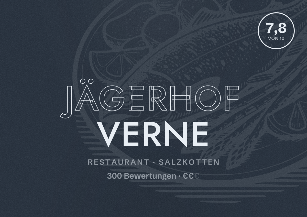 Illustriertes Poster von Jägerhof Verne, Restaurant in Salzkotten: Bewertung 7,8 von 10 aus 300 Bewertungen, Preisniveau €€