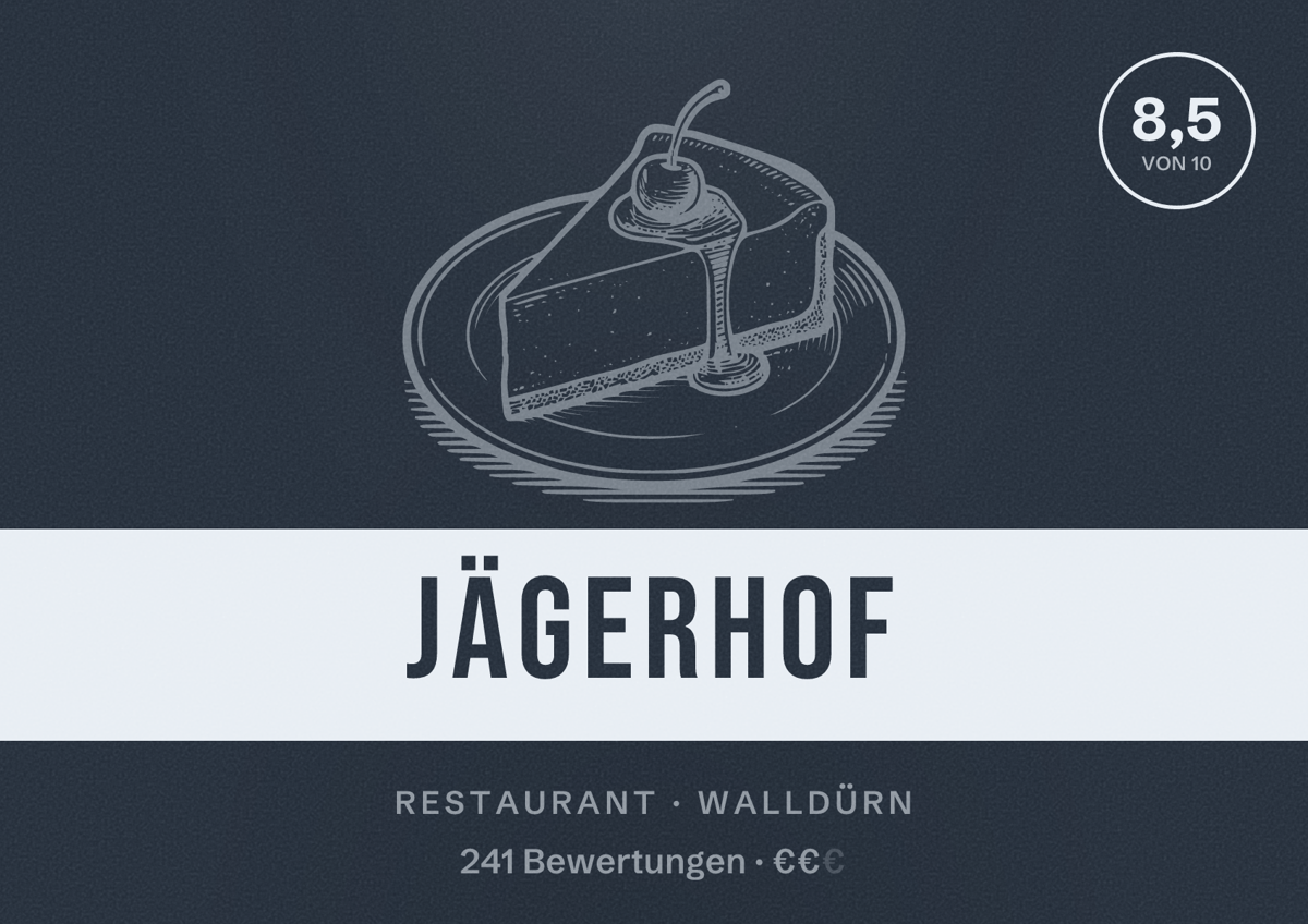 Illustriertes Poster von Jägerhof, Restaurant in Walldürn: Bewertung 8,5 von 10 aus 241 Bewertungen, Preisniveau €€
