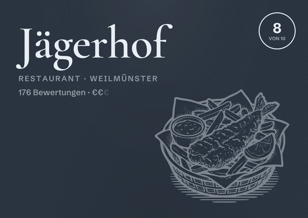 Illustriertes Poster von Jägerhof, Restaurant in Weilmünster: Bewertung 8 von 10 aus 176 Bewertungen, Preisniveau €€