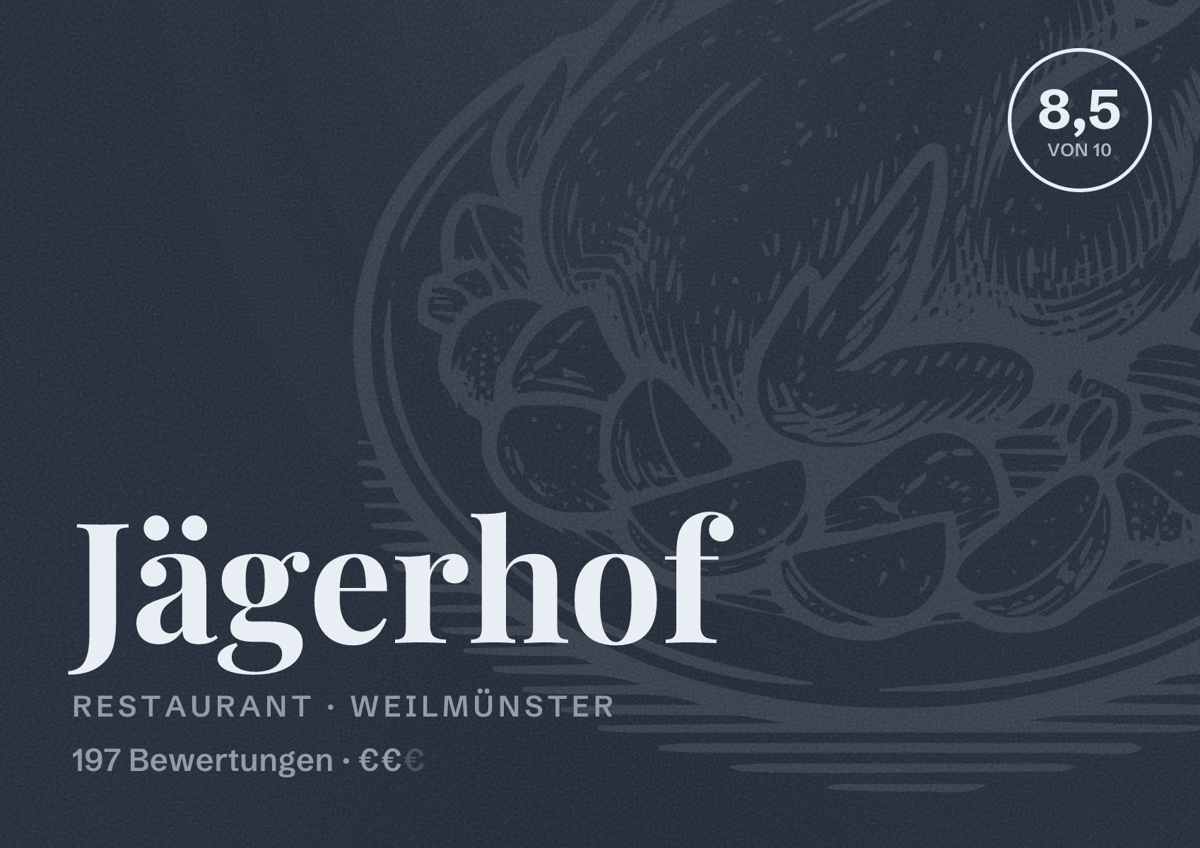 Illustriertes Poster von Jägerhof, Restaurant in Weilmünster: Bewertung 8,5 von 10 aus 197 Bewertungen, Preisniveau €€