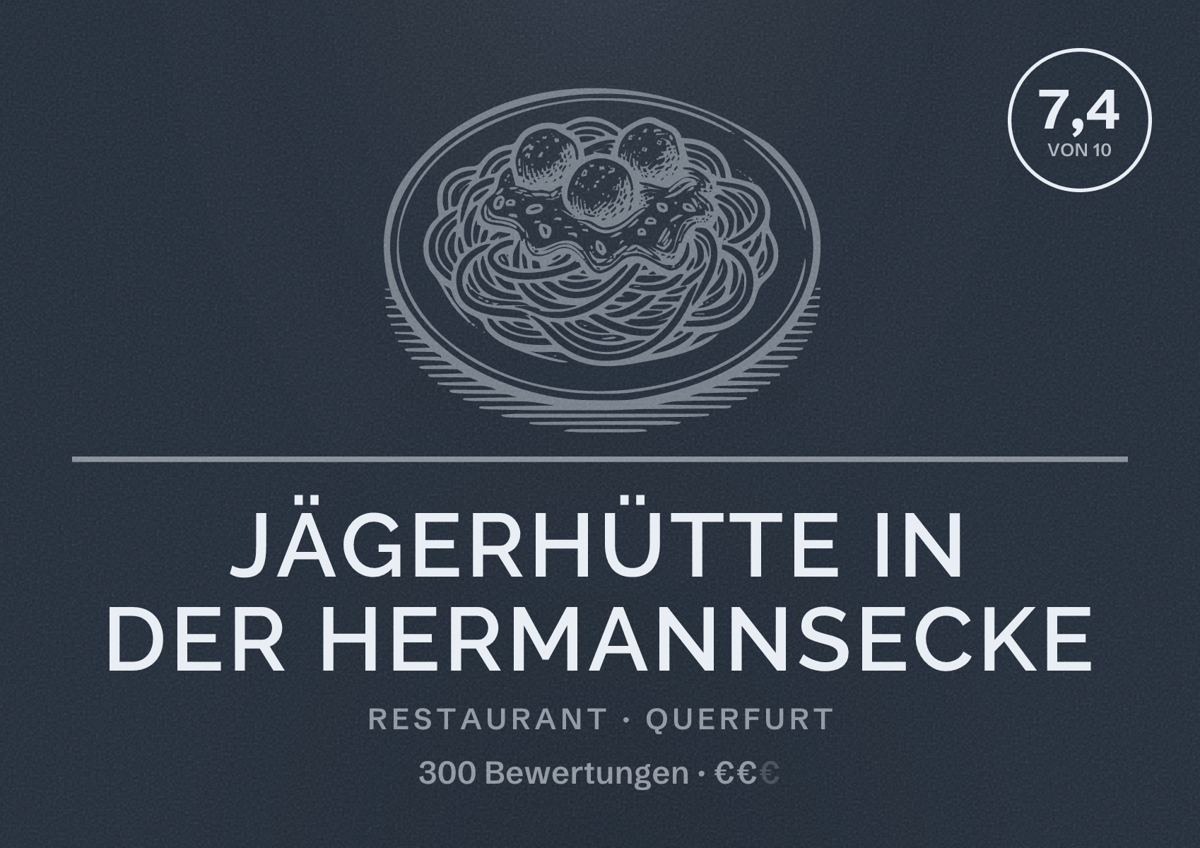 Illustriertes Poster von Jägerhütte in der Hermannsecke, Restaurant in Querfurt: Bewertung 7,4 von 10 aus 300 Bewertungen, Preisniveau €€