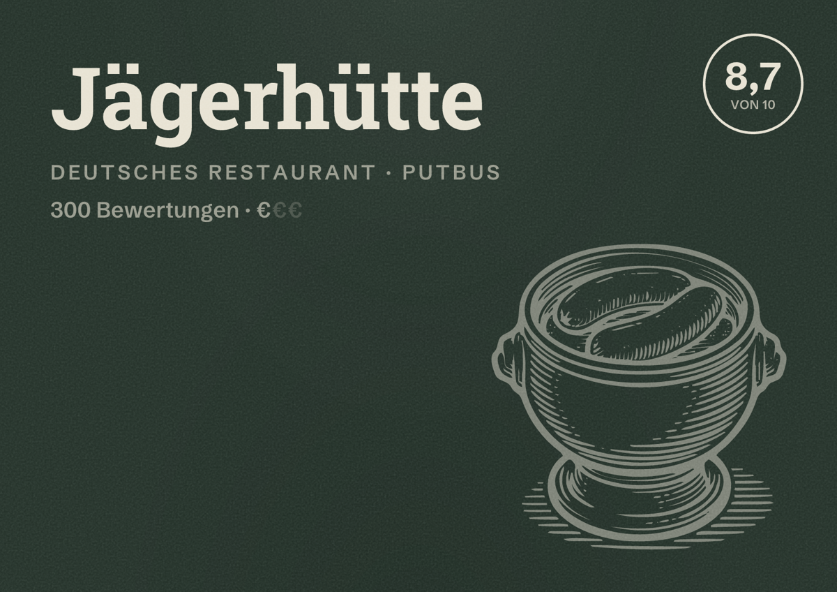 Illustriertes Poster von Jägerhütte, Deutsches Restaurant in Putbus: Bewertung 8,7 von 10 aus 300 Bewertungen, Preisniveau €