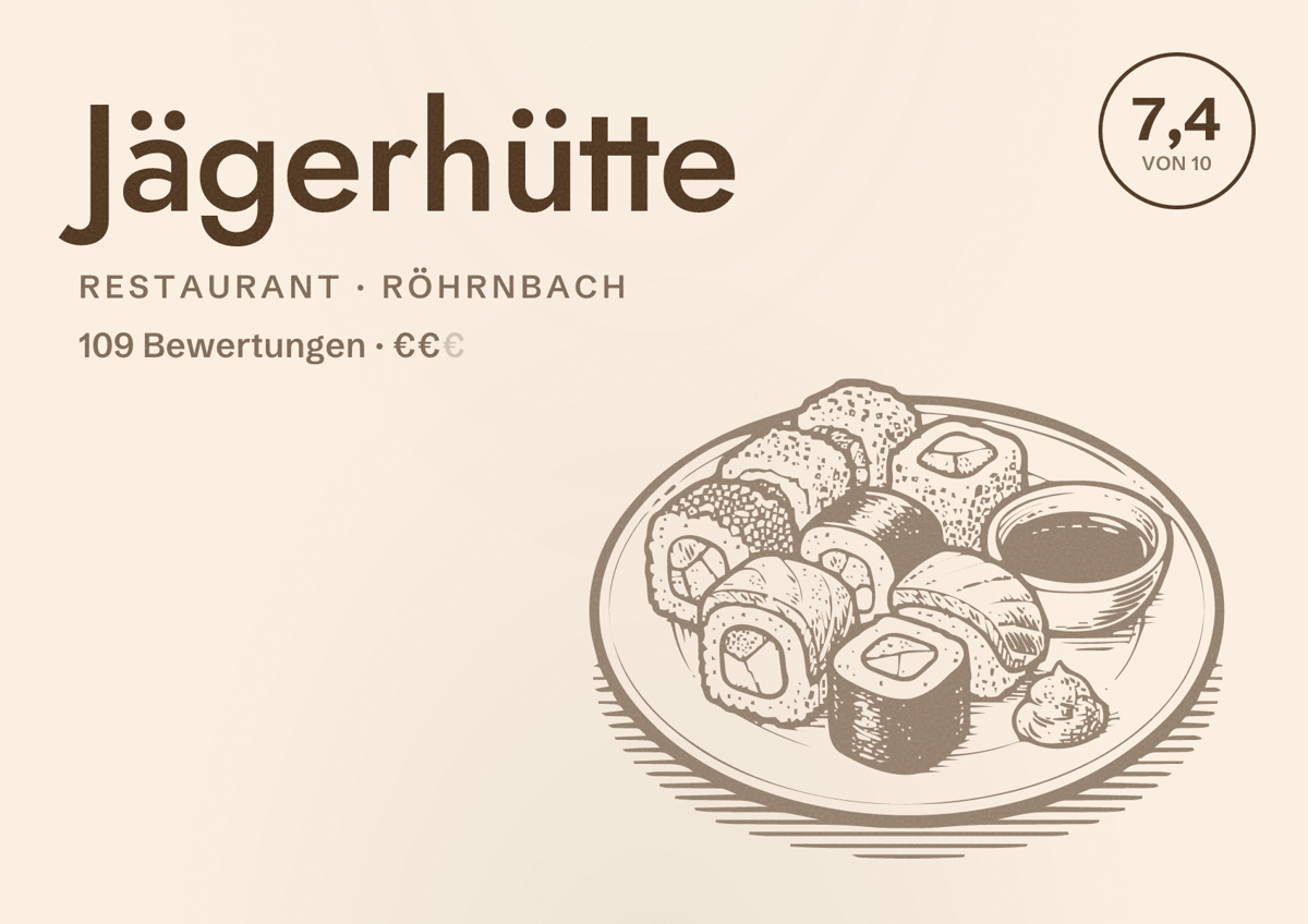 Illustriertes Poster von Jägerhütte, Restaurant in Röhrnbach: Bewertung 7,4 von 10 aus 109 Bewertungen, Preisniveau €€