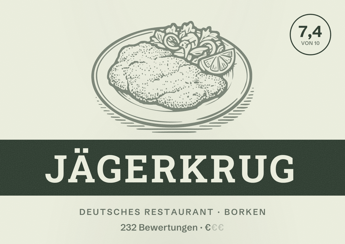 Illustriertes Poster von Jägerkrug, Deutsches Restaurant in Borken: Bewertung 7,4 von 10 aus 232 Bewertungen, Preisniveau €
