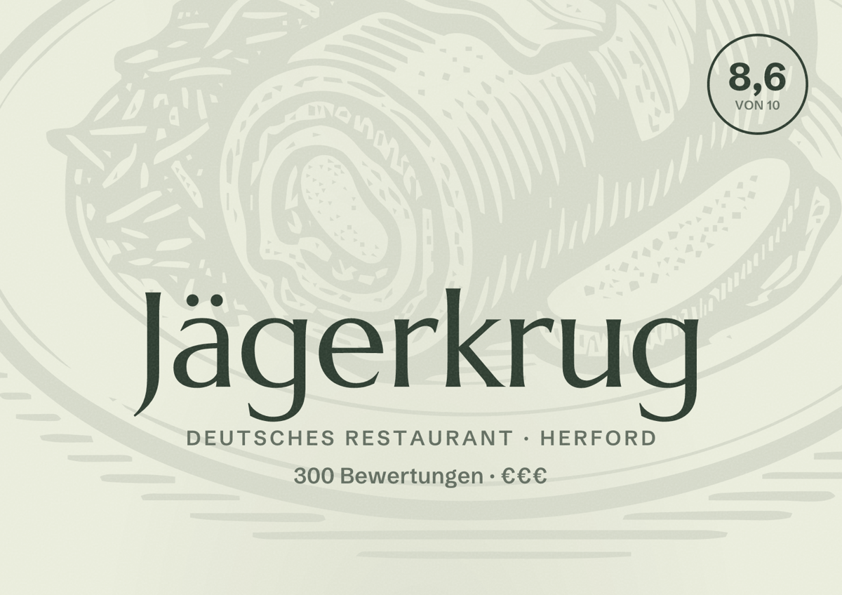 Illustriertes Poster von Jägerkrug, Deutsches Restaurant in Herford: Bewertung 8,6 von 10 aus 300 Bewertungen, Preisniveau €€€