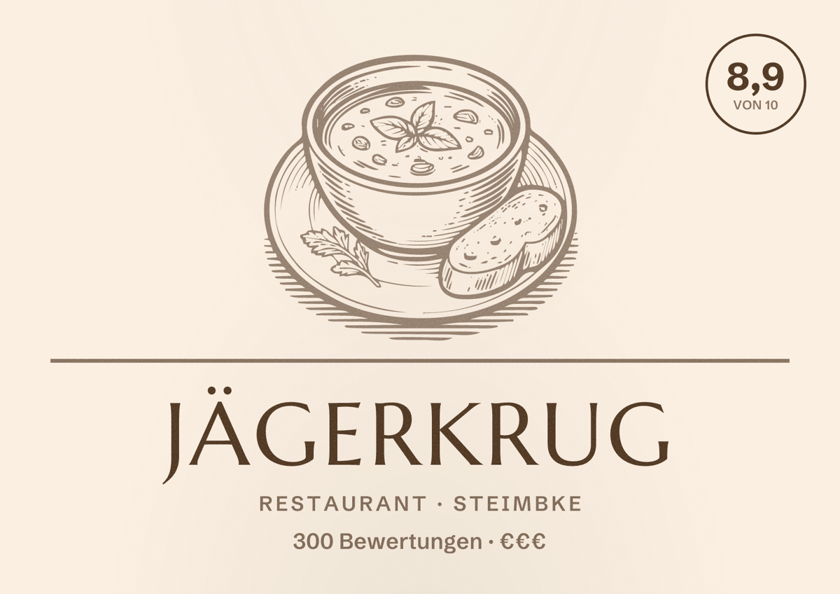 Illustriertes Poster von Jägerkrug, Restaurant in Steimbke: Bewertung 8,9 von 10 aus 300 Bewertungen, Preisniveau €€€