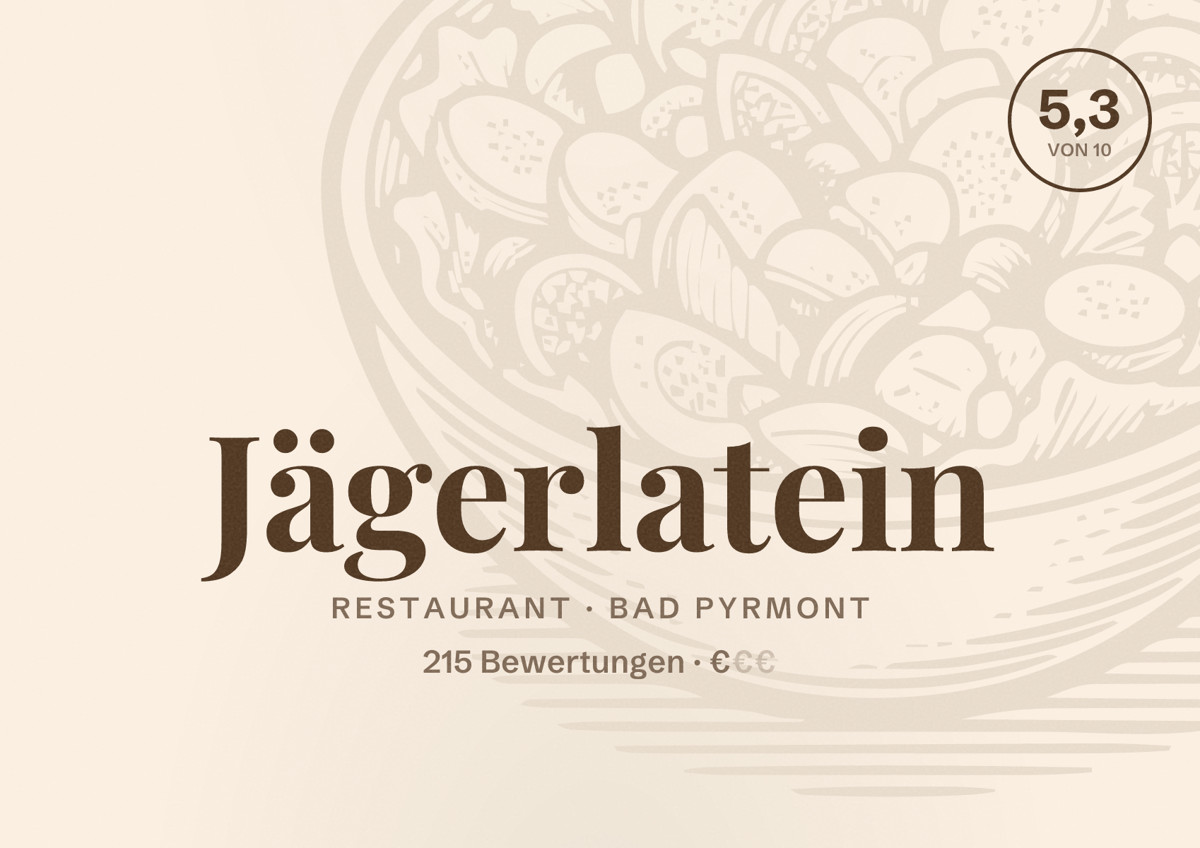 Illustriertes Poster von Jägerlatein, Restaurant in Bad Pyrmont: Bewertung 5,3 von 10 aus 215 Bewertungen, Preisniveau €