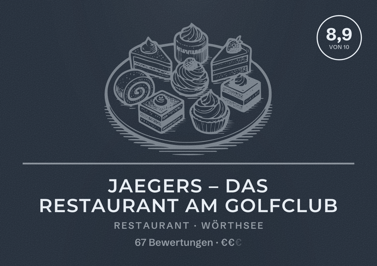 Illustriertes Poster von Jaegers – das Restaurant am Golfclub, Restaurant in Wörthsee: Bewertung 8,9 von 10 aus 67 Bewertungen, Preisniveau €€