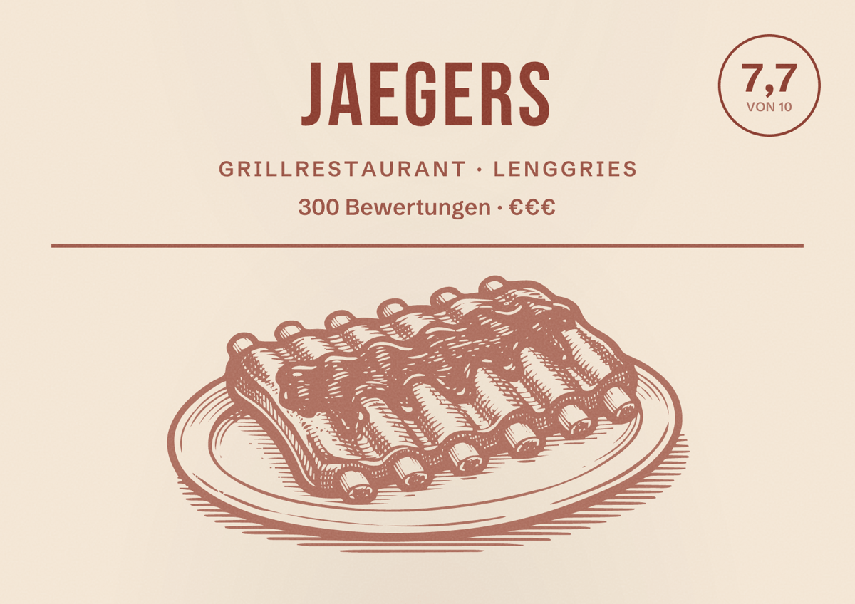 Illustriertes Poster von JAEGERS, Grillrestaurant in Lenggries: Bewertung 7,7 von 10 aus 300 Bewertungen, Preisniveau €€€