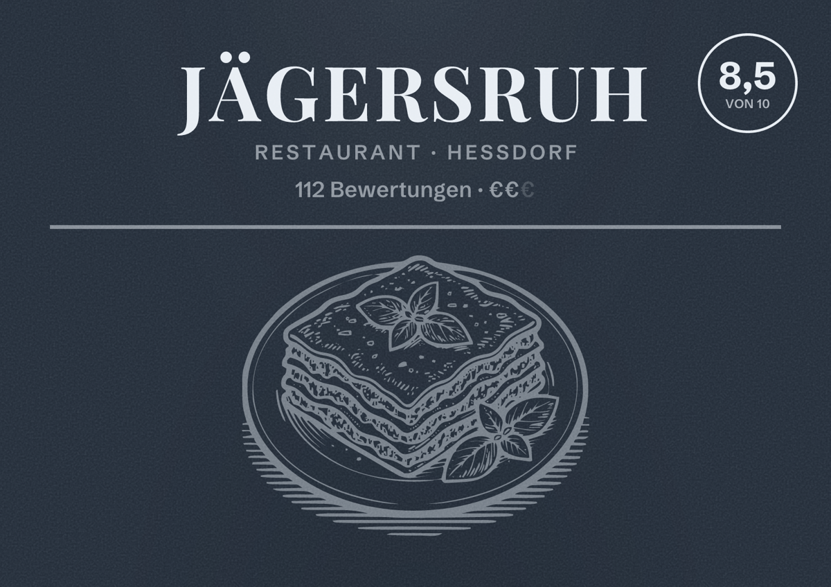 Illustriertes Poster von Jägersruh, Restaurant in Heßdorf: Bewertung 8,5 von 10 aus 112 Bewertungen, Preisniveau €€