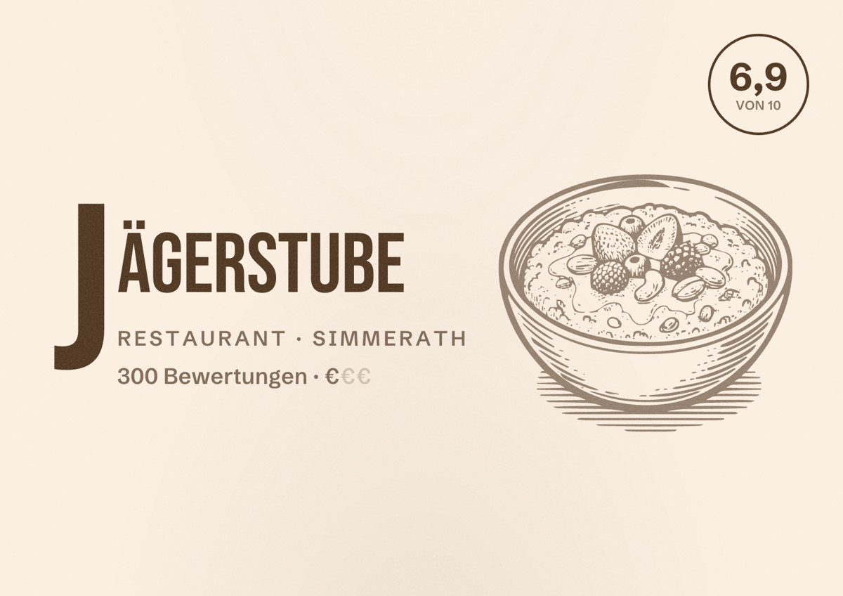 Illustriertes Poster von Jägerstube, Restaurant in Simmerath: Bewertung 6,9 von 10 aus 300 Bewertungen, Preisniveau €