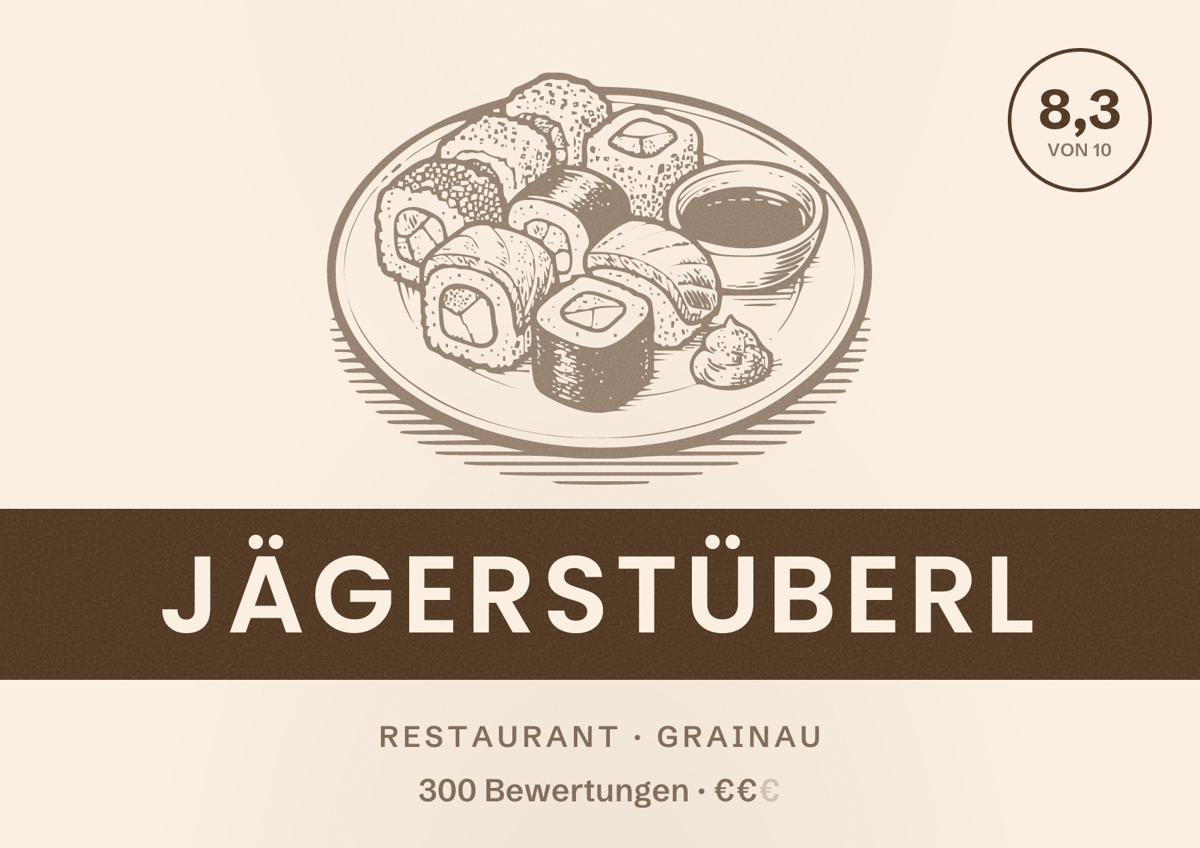 Illustriertes Poster von Jägerstüberl, Restaurant in Grainau: Bewertung 8,3 von 10 aus 300 Bewertungen, Preisniveau €€