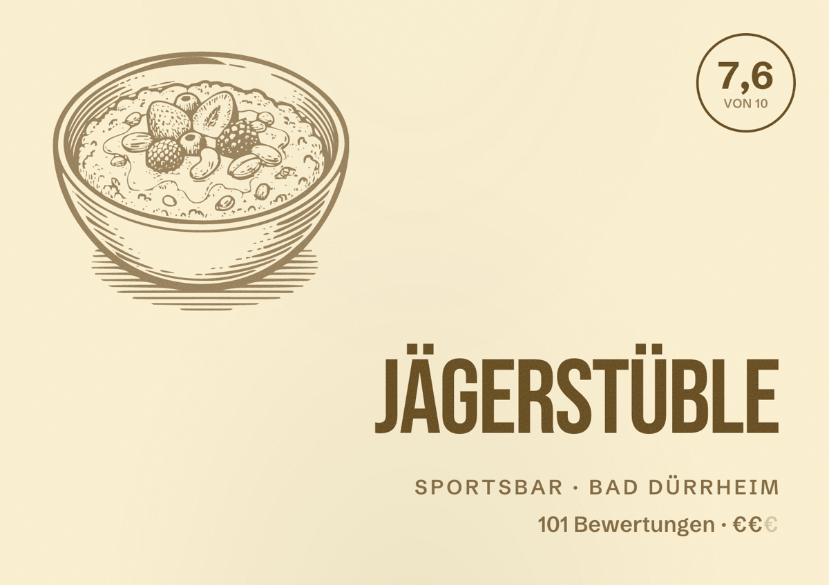 Illustriertes Poster von Jägerstüble, Sportsbar in Bad Dürrheim: Bewertung 7,6 von 10 aus 101 Bewertungen, Preisniveau €€