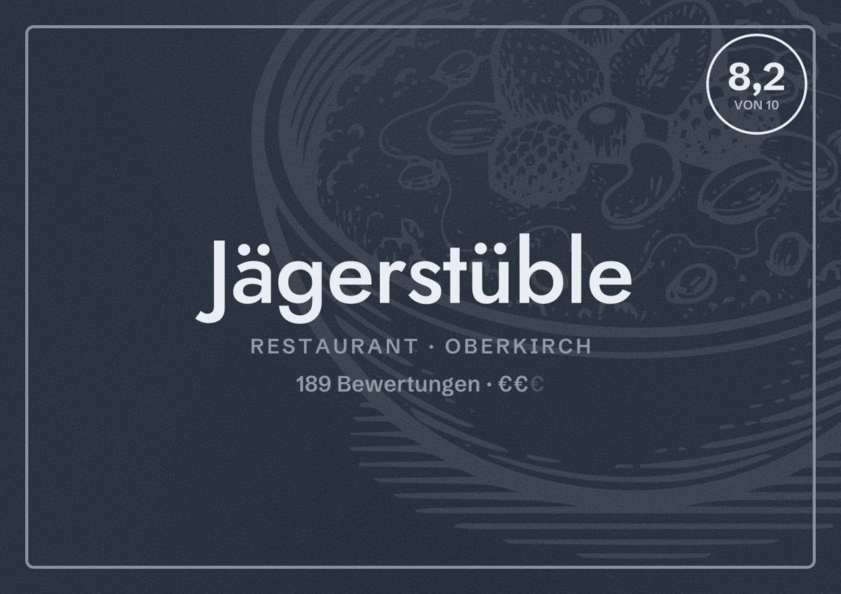 Illustriertes Poster von Jägerstüble, Restaurant in Oberkirch: Bewertung 8,2 von 10 aus 189 Bewertungen, Preisniveau €€
