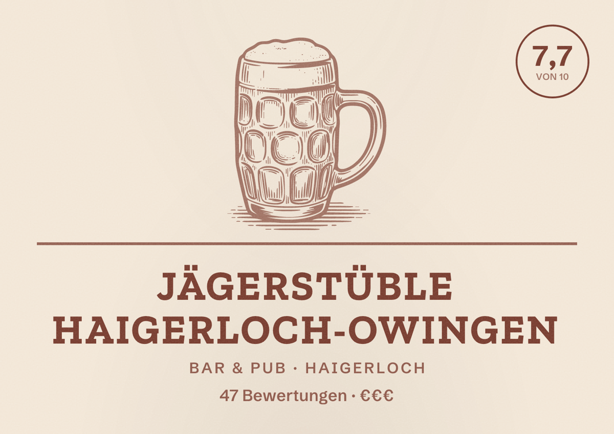 Illustriertes Poster von Jägerstüble Haigerloch-Owingen, Bar & Pub in Haigerloch: Bewertung 7,7 von 10 aus 47 Bewertungen, Preisniveau €€€