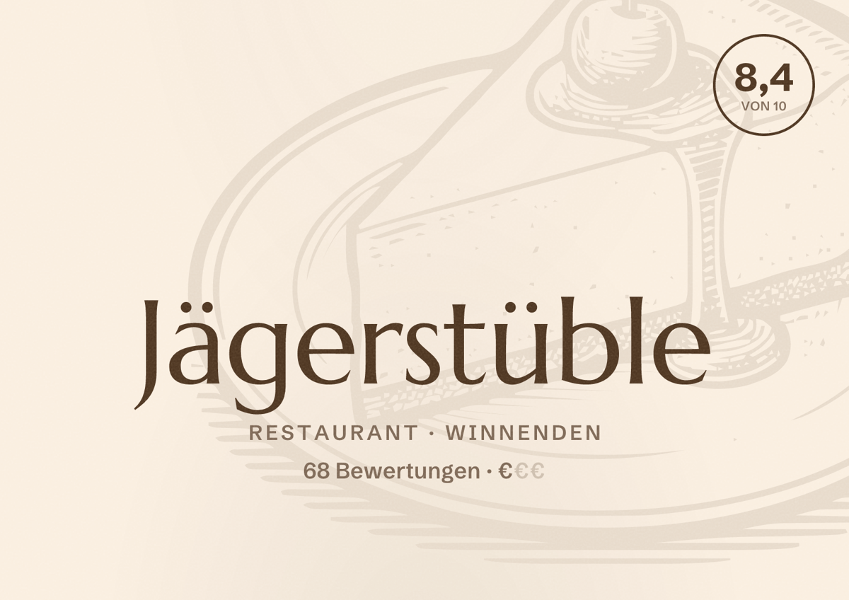 Illustriertes Poster von Jägerstüble, Restaurant in Winnenden: Bewertung 8,4 von 10 aus 68 Bewertungen, Preisniveau €