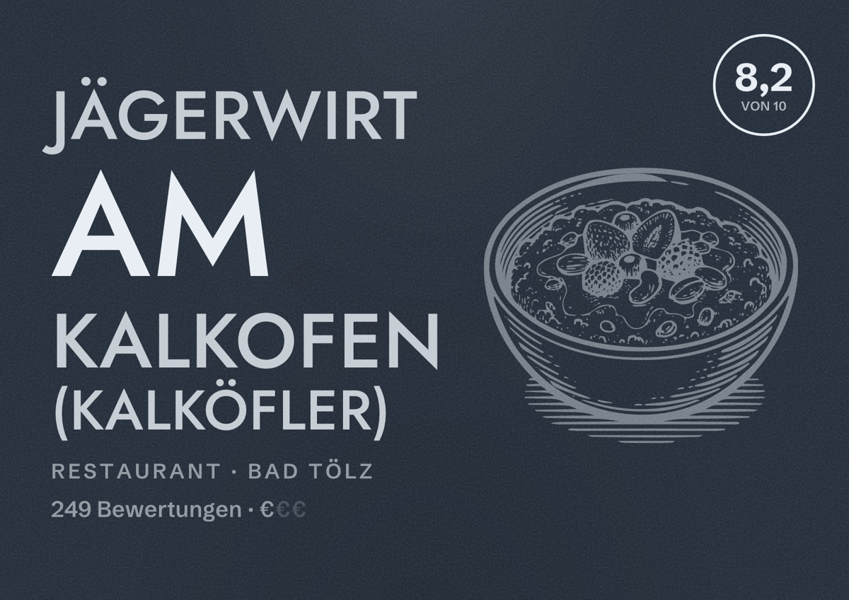Illustriertes Poster von Jägerwirt am Kalkofen (Kalköfler), Restaurant in Bad Tölz: Bewertung 8,2 von 10 aus 249 Bewertungen, Preisniveau €