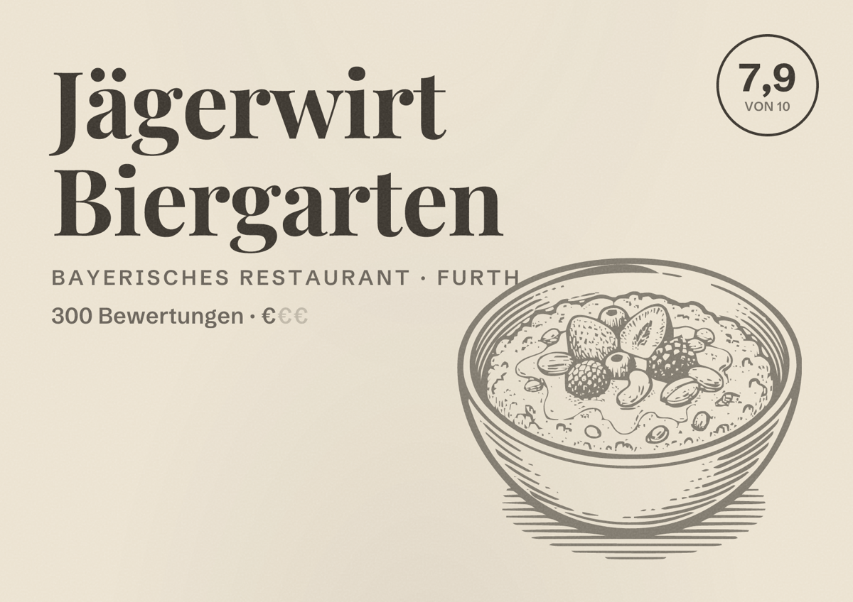 Illustriertes Poster von Jägerwirt Biergarten, Bayerisches Restaurant in Furth: Bewertung 7,9 von 10 aus 300 Bewertungen, Preisniveau €