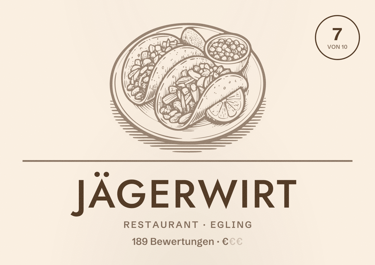 Illustriertes Poster von Jägerwirt, Restaurant in Egling: Bewertung 7 von 10 aus 189 Bewertungen, Preisniveau €