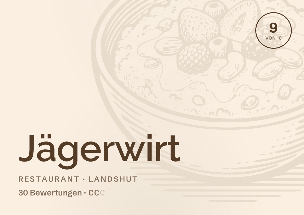 Illustriertes Poster von Jägerwirt, Restaurant in Landshut: Bewertung 9 von 10 aus 30 Bewertungen, Preisniveau €€