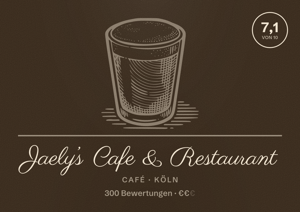 Illustriertes Poster von Jaely’s Cafe & Restaurant, Café in Köln: Bewertung 7,1 von 10 aus 300 Bewertungen, Preisniveau €€