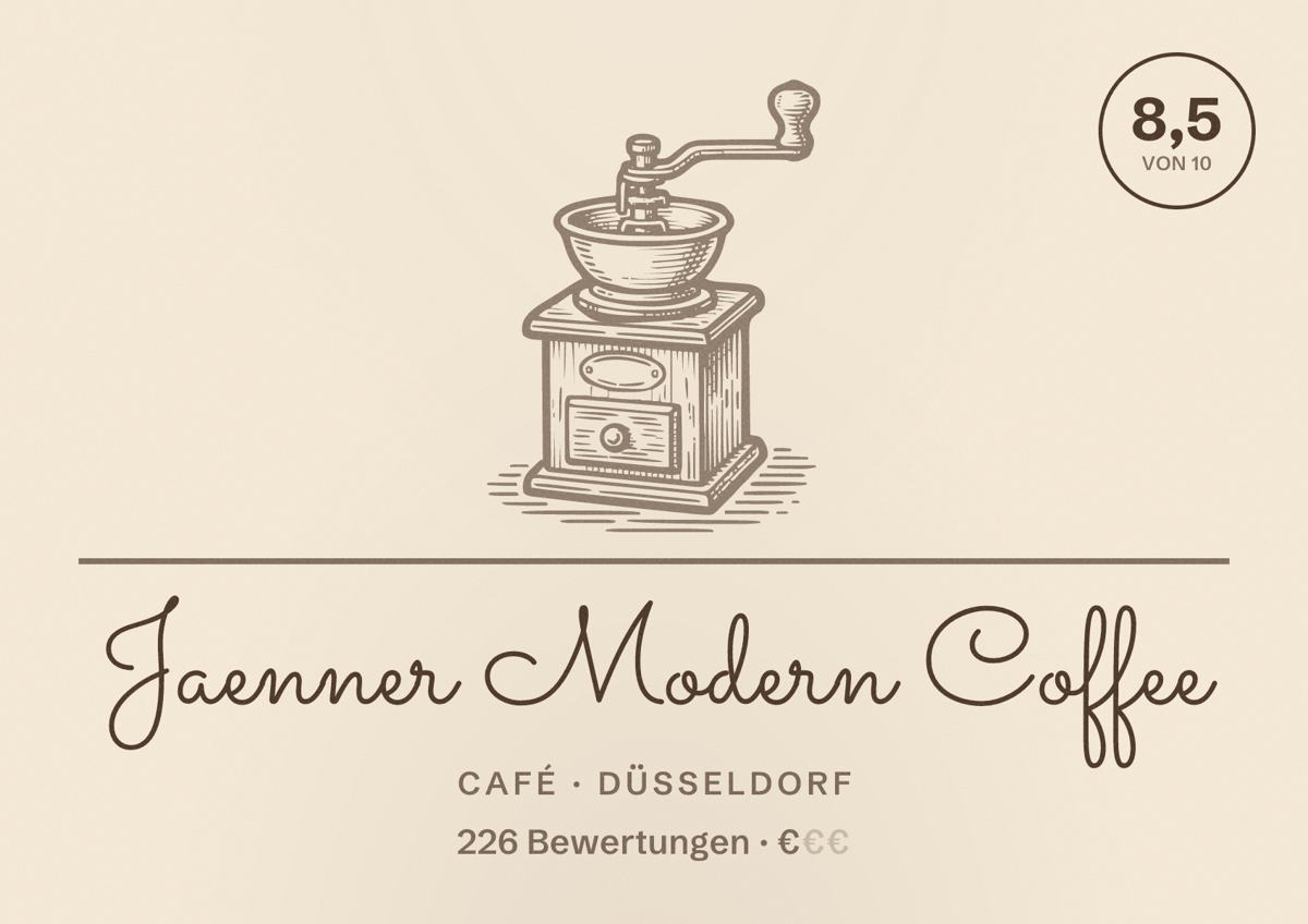 Illustriertes Poster von Jaenner Modern Coffee, Café in Düsseldorf: Bewertung 8,5 von 10 aus 226 Bewertungen, Preisniveau €