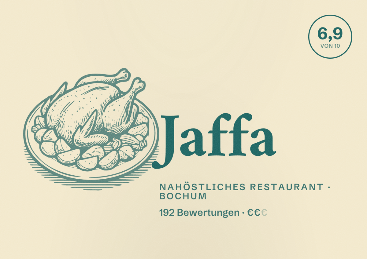 Illustriertes Poster von Jaffa, Nahöstliches Restaurant in Bochum: Bewertung 6,9 von 10 aus 192 Bewertungen, Preisniveau €€