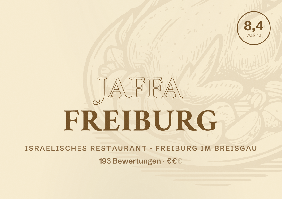 Illustriertes Poster von Jaffa Freiburg, Israelisches Restaurant in Freiburg im Breisgau: Bewertung 8,4 von 10 aus 193 Bewertungen, Preisniveau €€