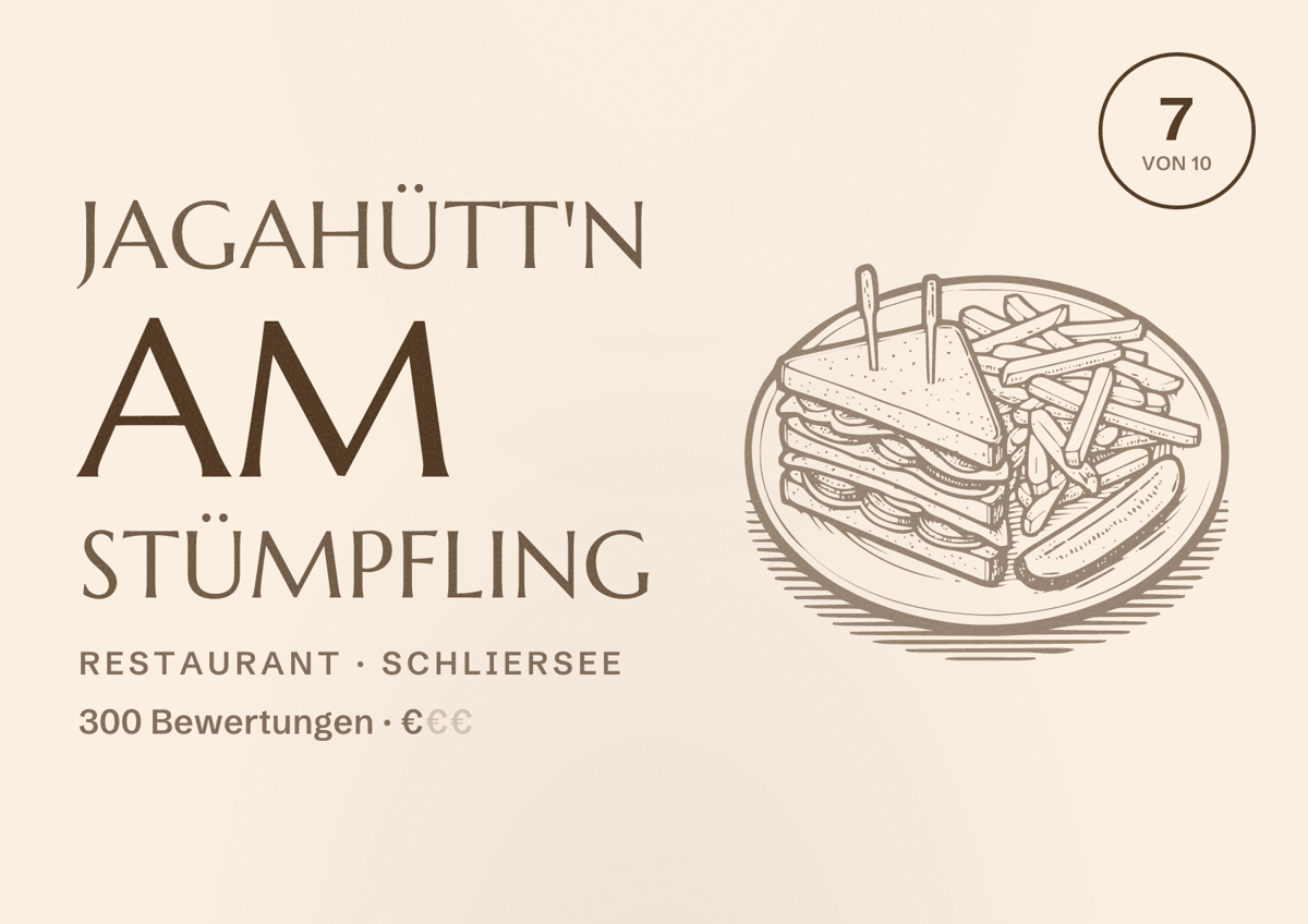 Illustriertes Poster von Jagahütt'n am Stümpfling, Restaurant in Schliersee: Bewertung 7 von 10 aus 300 Bewertungen, Preisniveau €