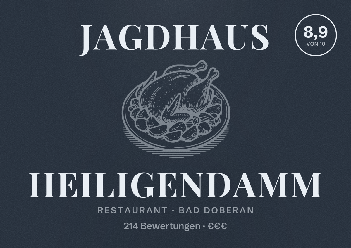 Illustriertes Poster von Jagdhaus Heiligendamm, Restaurant in Bad Doberan: Bewertung 8,9 von 10 aus 214 Bewertungen, Preisniveau €€€