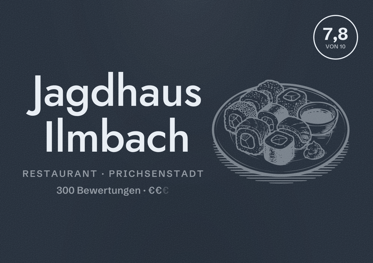 Illustriertes Poster von Jagdhaus Ilmbach, Restaurant in Prichsenstadt: Bewertung 7,8 von 10 aus 300 Bewertungen, Preisniveau €€