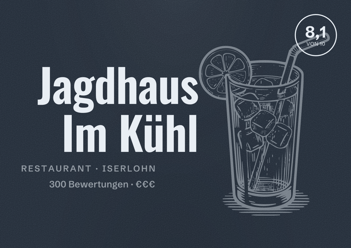 Illustriertes Poster von Jagdhaus Im Kühl, Restaurant in Iserlohn: Bewertung 8,1 von 10 aus 300 Bewertungen, Preisniveau €€€