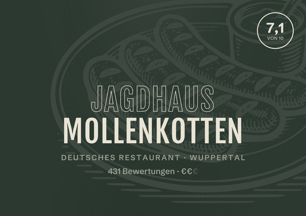 Illustriertes Poster von Jagdhaus Mollenkotten, Deutsches Restaurant in Wuppertal: Bewertung 7,1 von 10 aus 431 Bewertungen, Preisniveau €€