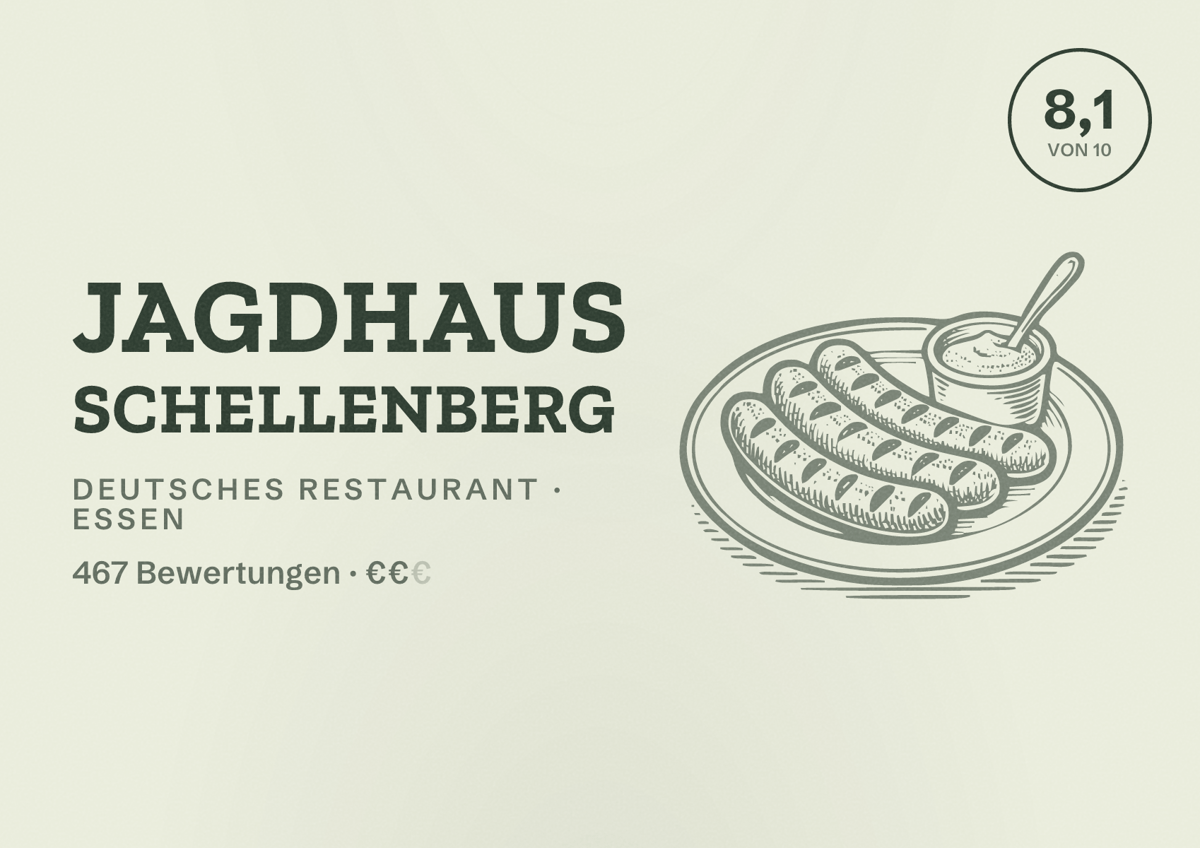 Illustriertes Poster von Jagdhaus Schellenberg, Deutsches Restaurant in Essen: Bewertung 8,1 von 10 aus 467 Bewertungen, Preisniveau €€
