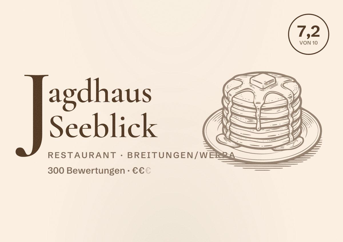 Illustriertes Poster von Jagdhaus Seeblick, Restaurant in Breitungen/Werra: Bewertung 7,2 von 10 aus 300 Bewertungen, Preisniveau €€