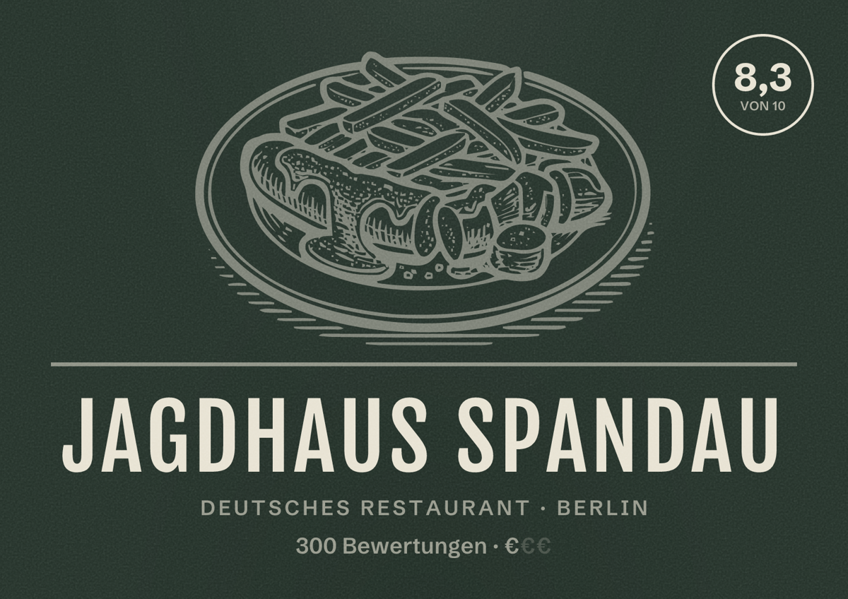 Illustriertes Poster von Jagdhaus Spandau, Deutsches Restaurant in Berlin: Bewertung 8,3 von 10 aus 300 Bewertungen, Preisniveau €