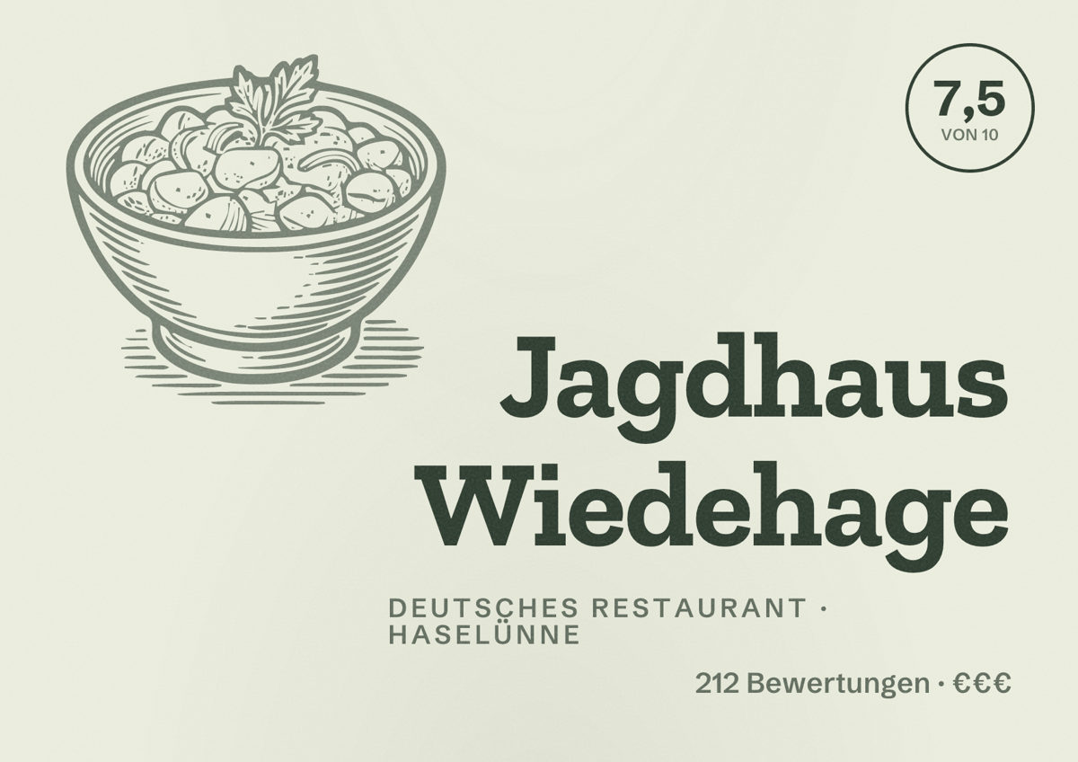 Illustriertes Poster von Jagdhaus Wiedehage, Deutsches Restaurant in Haselünne: Bewertung 7,5 von 10 aus 212 Bewertungen, Preisniveau €€€