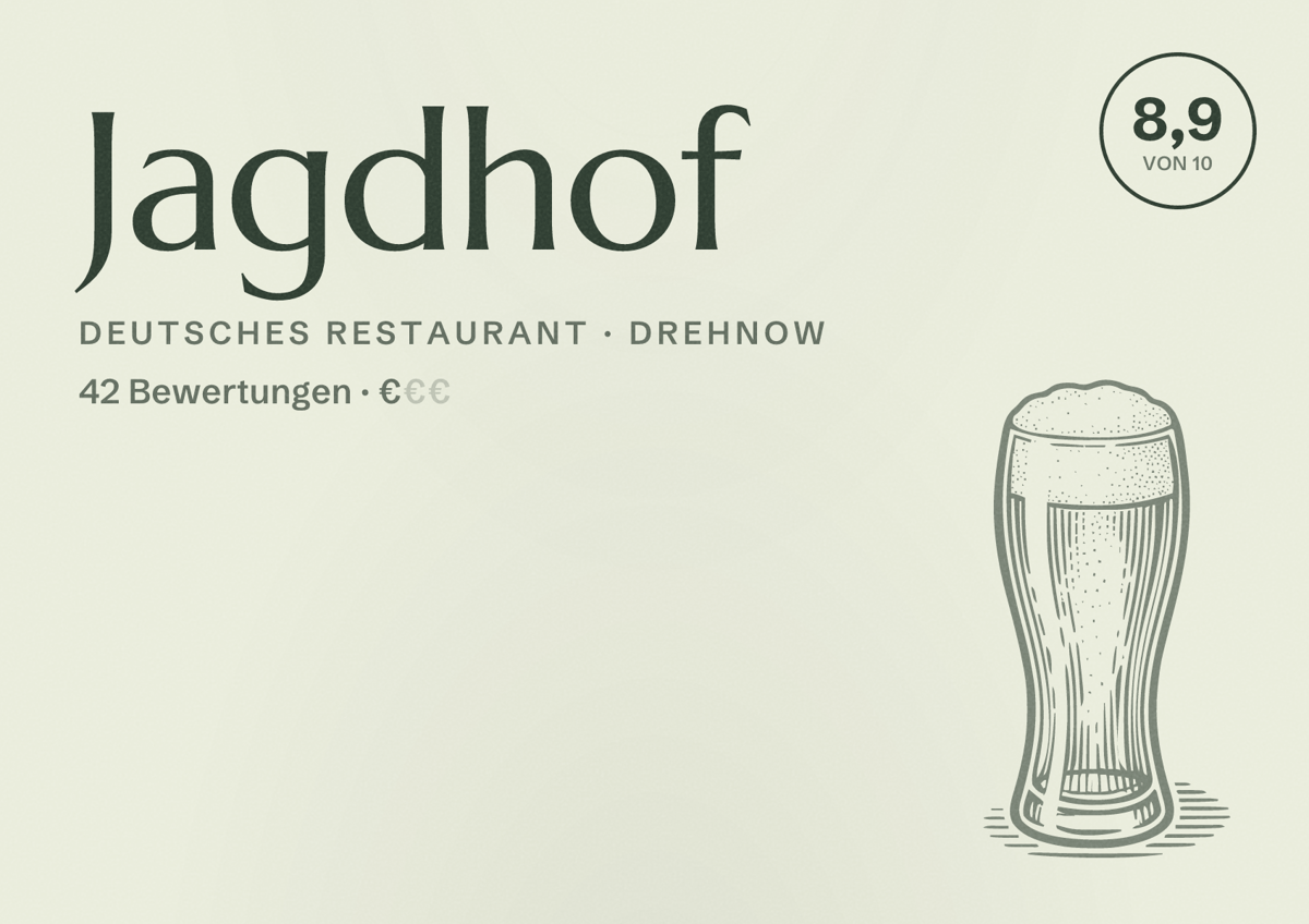 Illustriertes Poster von Jagdhof, Deutsches Restaurant in Drehnow: Bewertung 8,9 von 10 aus 42 Bewertungen, Preisniveau €