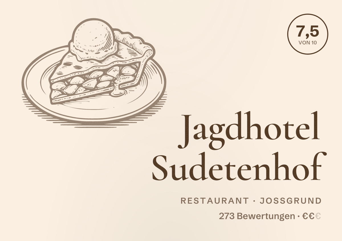 Illustriertes Poster von Jagdhotel Sudetenhof, Restaurant in Jossgrund: Bewertung 7,5 von 10 aus 273 Bewertungen, Preisniveau €€