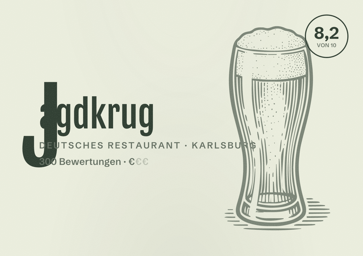 Illustriertes Poster von Jagdkrug, Deutsches Restaurant in Karlsburg: Bewertung 8,2 von 10 aus 300 Bewertungen, Preisniveau €